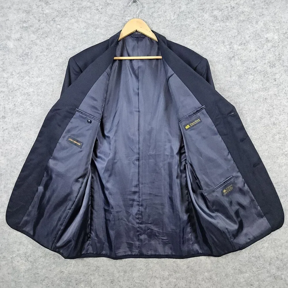 Jones New York Blazer Navy Blue Size 44L 100% Wool Brass 3-Button Ventless SNAGS